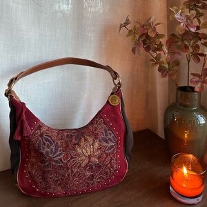 Boho sued embroidered burgundy vintage purse